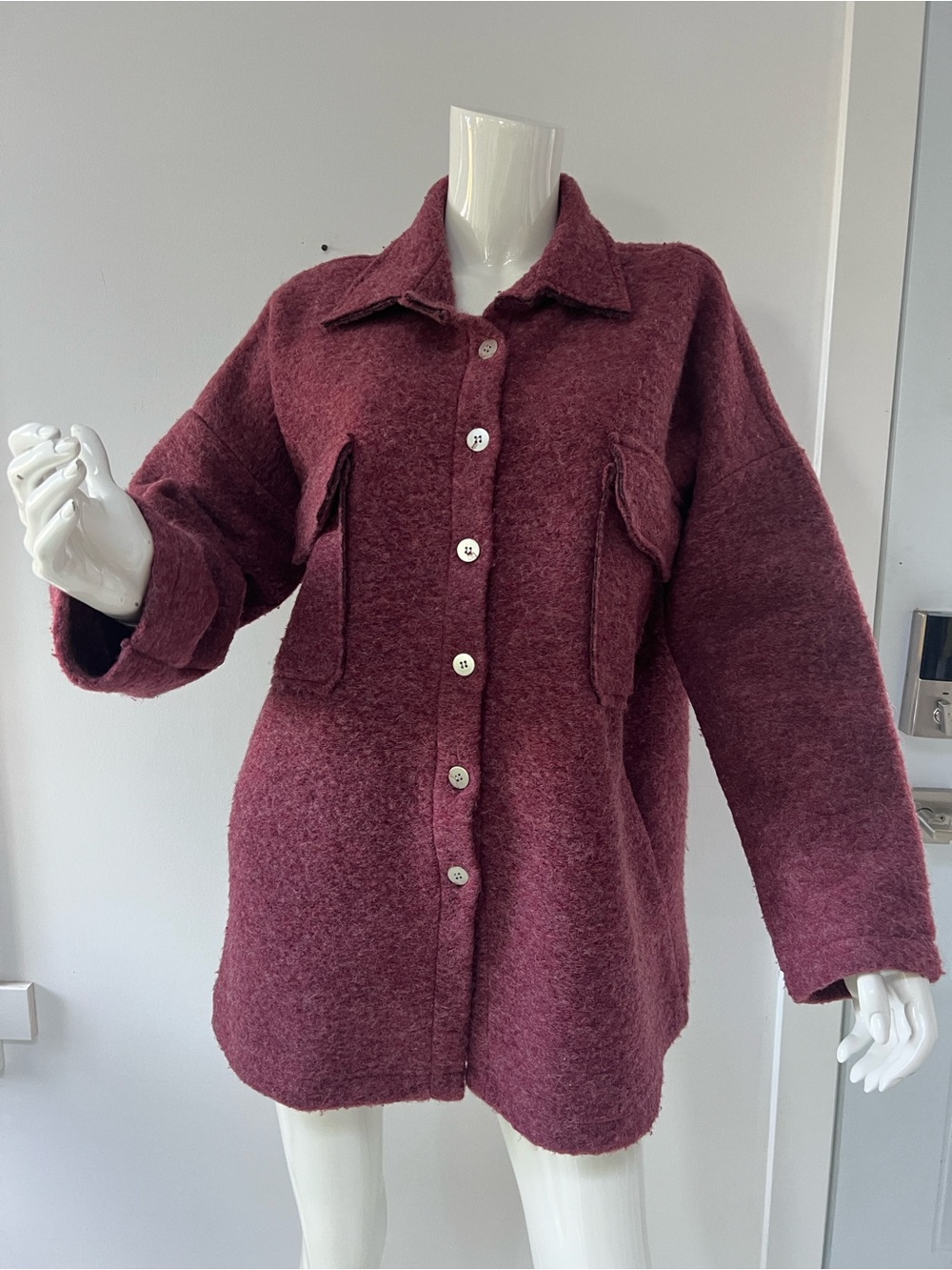Women Wool Jacket Made in Italy Cardigan , button down Shirt casual Burgundy
